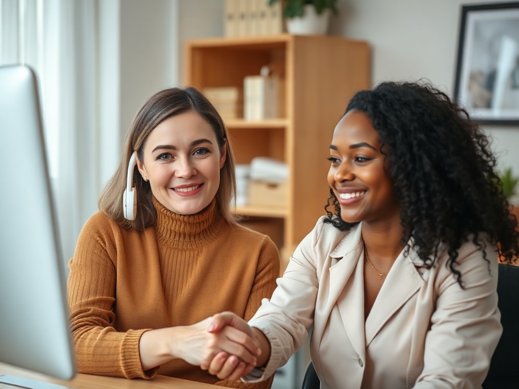 "Two diverse women in home office, calm confident expressions, receiving urgent phone video call, soft blue glow, legal papers blurred, handshake promise, 24/7 readiness mood"
