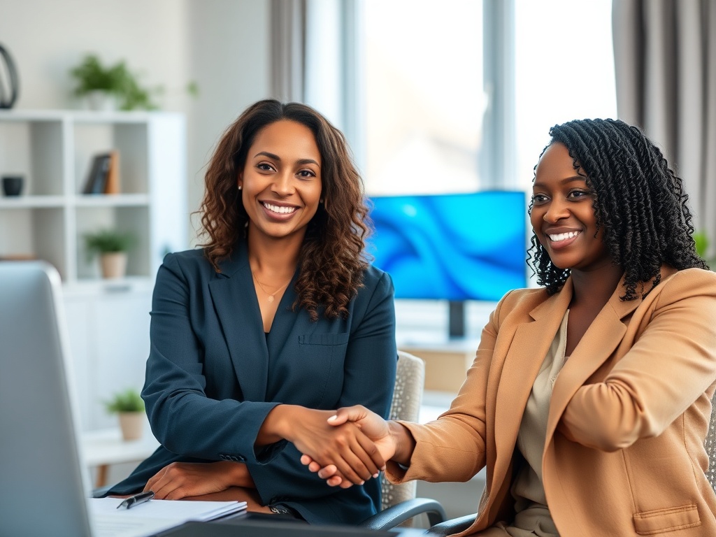 "Two diverse women in home office, calm confident expressions, receiving urgent phone video call, soft blue glow, legal papers blurred, handshake promise, 24/7 readiness mood"