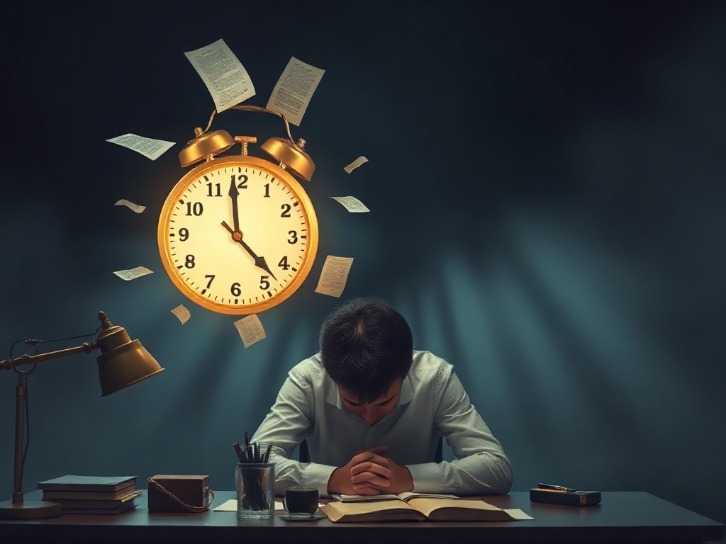 A stressed person at desk, glowing clock and legal documents floating, calm jurist silhouette guiding, split-screen chaos to clarity, warm urgent lighting, no logos.