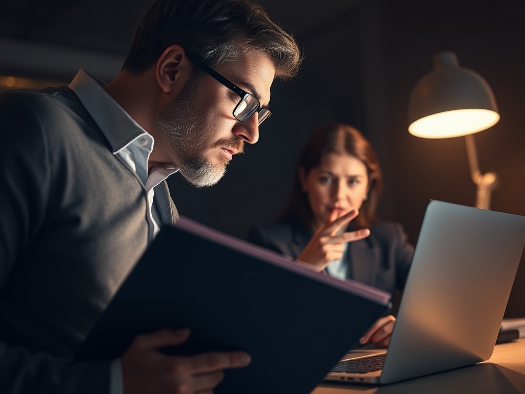 "close-up of anxious person holding folder, calm jurist guiding with open laptop, rapid light streaks, warm reassuring atmosphere, office at night, urgency".
