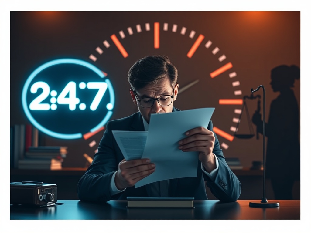 A stressed person at a desk holding urgent documents, 24/7 implied by neon-lit clock hands, jurist silhouette offering calm guidance, dramatic legal atmosphere, warm trust lighting.