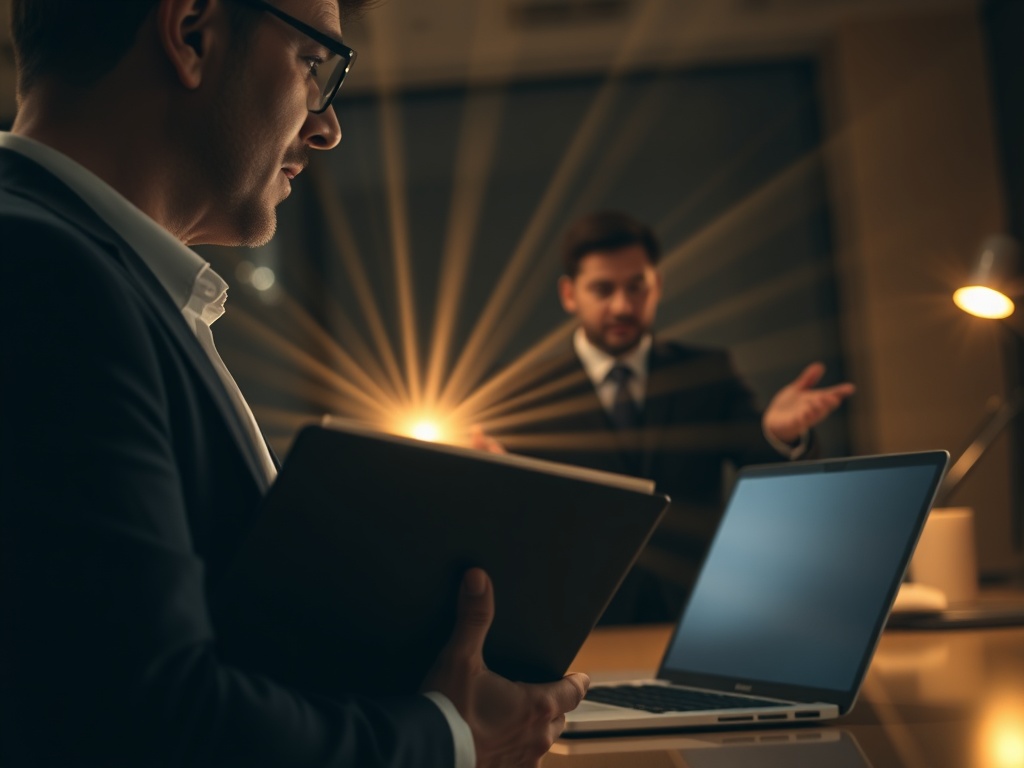 "close-up of anxious person holding folder, calm jurist guiding with open laptop, rapid light streaks, warm reassuring atmosphere, office at night, urgency".