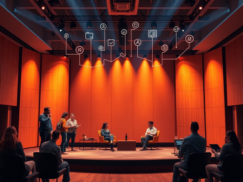 "modern workshop stage" "warm spotlight" "diverse entrepreneurs networking" "connected icons in the air" "upward light trails symbolizing growth" "inviting calm mood"