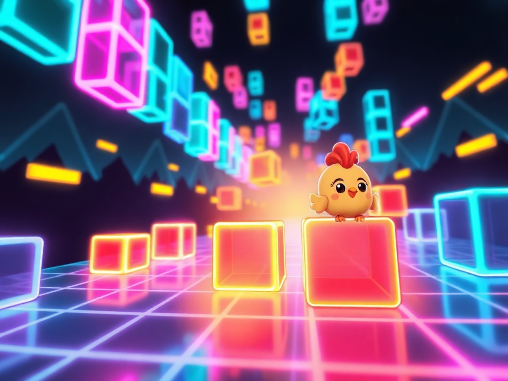 A glowing mobile-game scene with a neon grid like falling tetromino blocks, a cute cartoon chicken avatar sliding, dynamic motion blur, upbeat lighting, night-sky background.