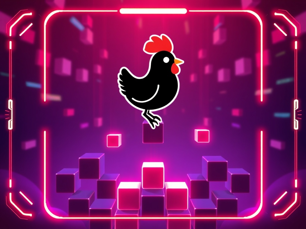 A cute pixel-chicken silhouette above a falling block-grid, glowing neon tiles, dynamic motion blur, smartphone-like HUD frame, split-second puzzle tension, high contrast, modern casual vibe.