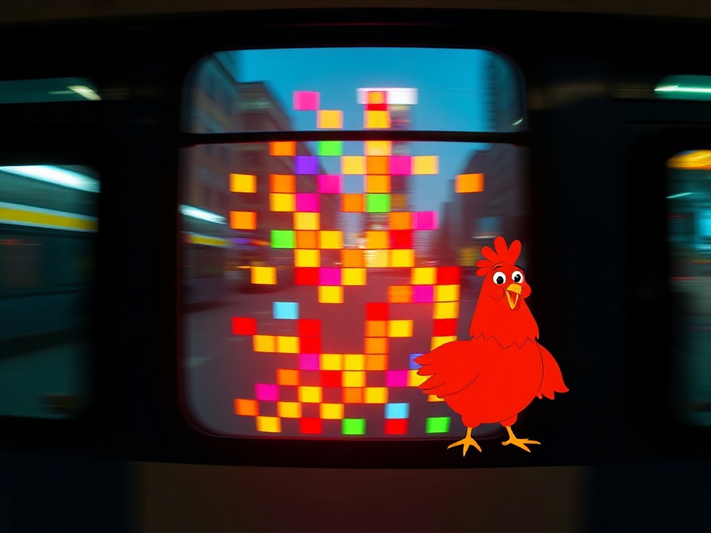 A cozy night city bus window scene; a glowing Tetris-like grid with falling colorful blocks; a cheerful cartoon chicken silhouette; dynamic motion blur; satisfying glow.