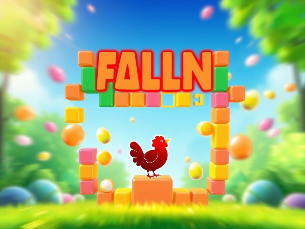 "A bright mobile game header scene showing a falling block puzzle grid with colorful egg-shaped pieces and a playful chicken silhouette, dynamic motion blur, neon highlights." "Clean UI background gradient, centered composition, high contrast, crisp vecto
