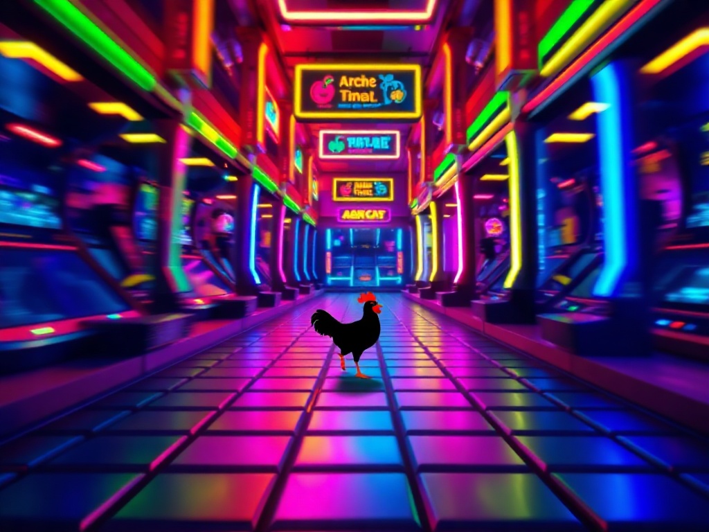 Neon-lit arcade scene with falling block-like tiles forming a path, a cute chicken silhouette navigating, dynamic motion blur, colorful grid, exciting energy.