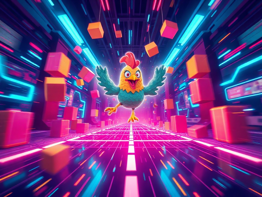 A dynamic neon arcade scene with a pixel-chicken hero, falling geometric blocks like tetris, a glowing road grid, motion blur, energetic lighting, no logos.