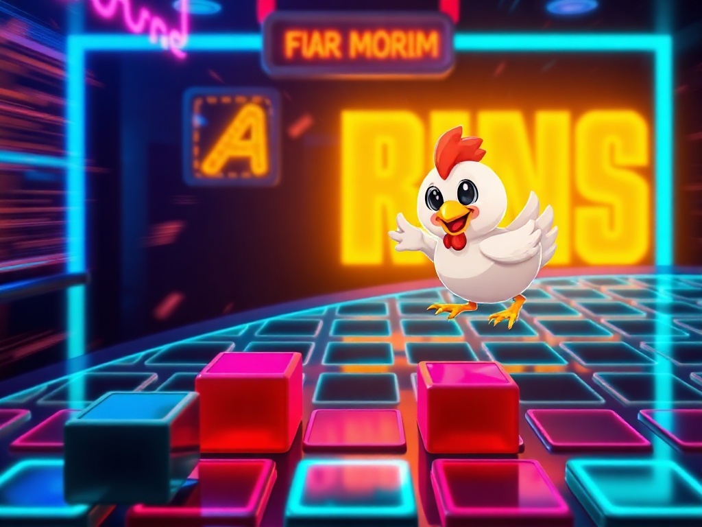 Dynamic neon arcade header scene, cute chicken character guiding falling block-shaped tiles on a glowing grid, motion blur, high contrast, playful energy, no text.