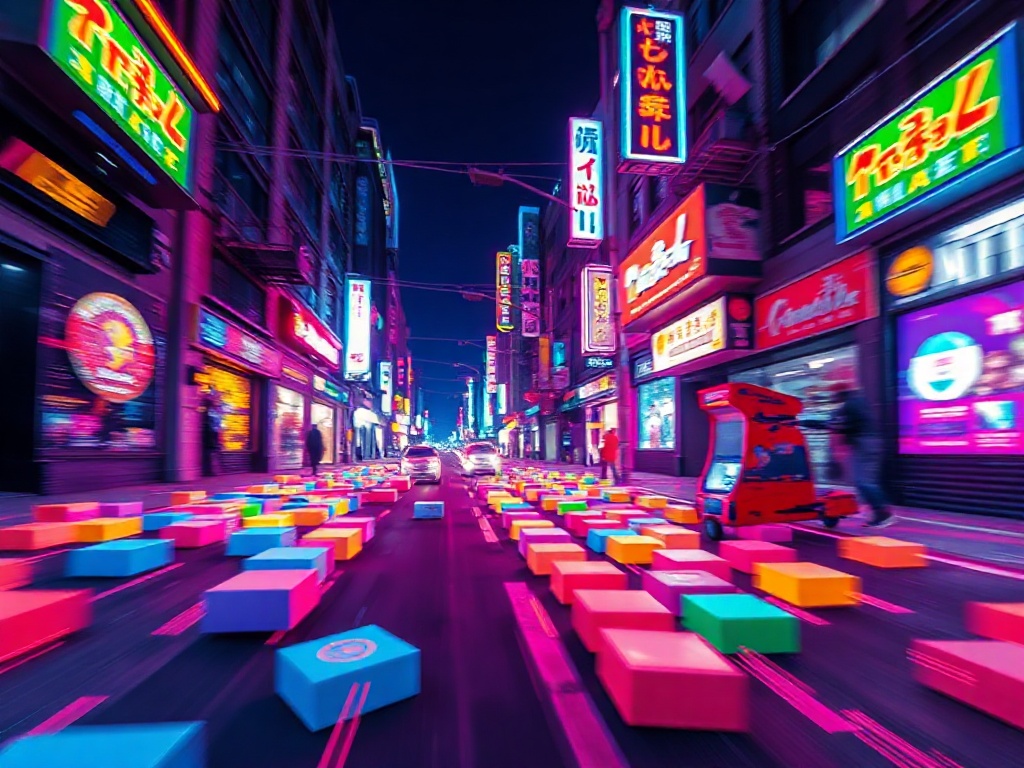 A neon arcade street at night, pixel-chicken icon hopping across falling colored blocks, dynamic motion blur, glowing grid, dramatic lighting, high contrast, playful chaos.