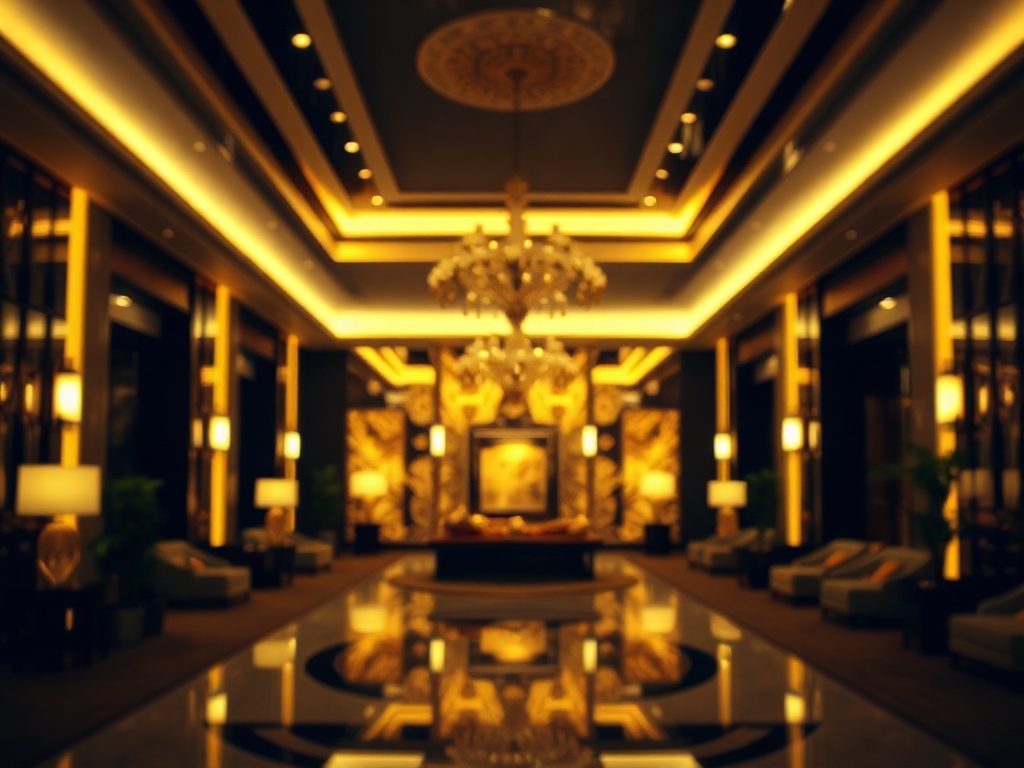 "luxury dark-gold hotel lobby" "glowing gold invitation card with unreadable abstract icons" "soft bokeh lights" "elegant modern design" "VIP brochure giveaway vibe".
