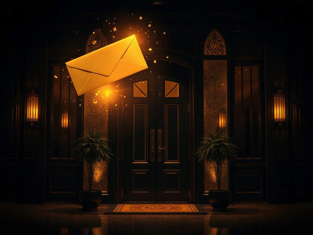 Dark luxury room with elegant silhouetted hotel entrance, glowing gold accents, floating abstract envelope and subtle confetti light, warm ambient lighting, premium atmosphere.