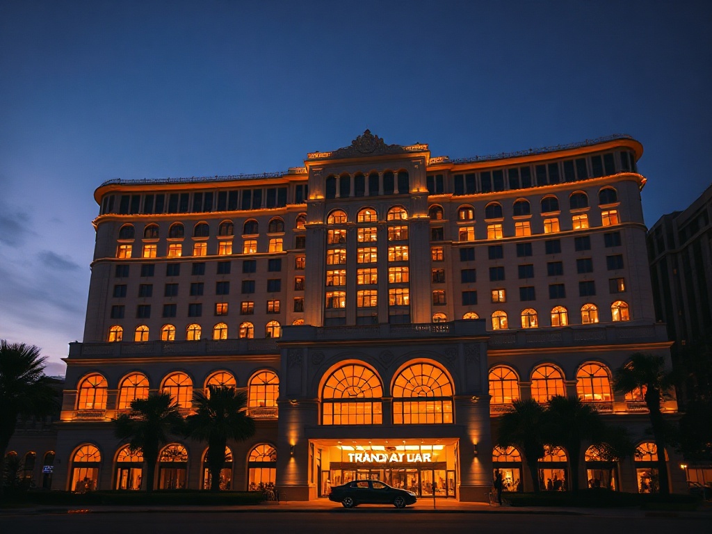A grand luxury hotel-casino exterior at dusk, dramatic silhouette, warm golden lighting, elegant arched windows, subtle city skyline glow, inviting ambiance.