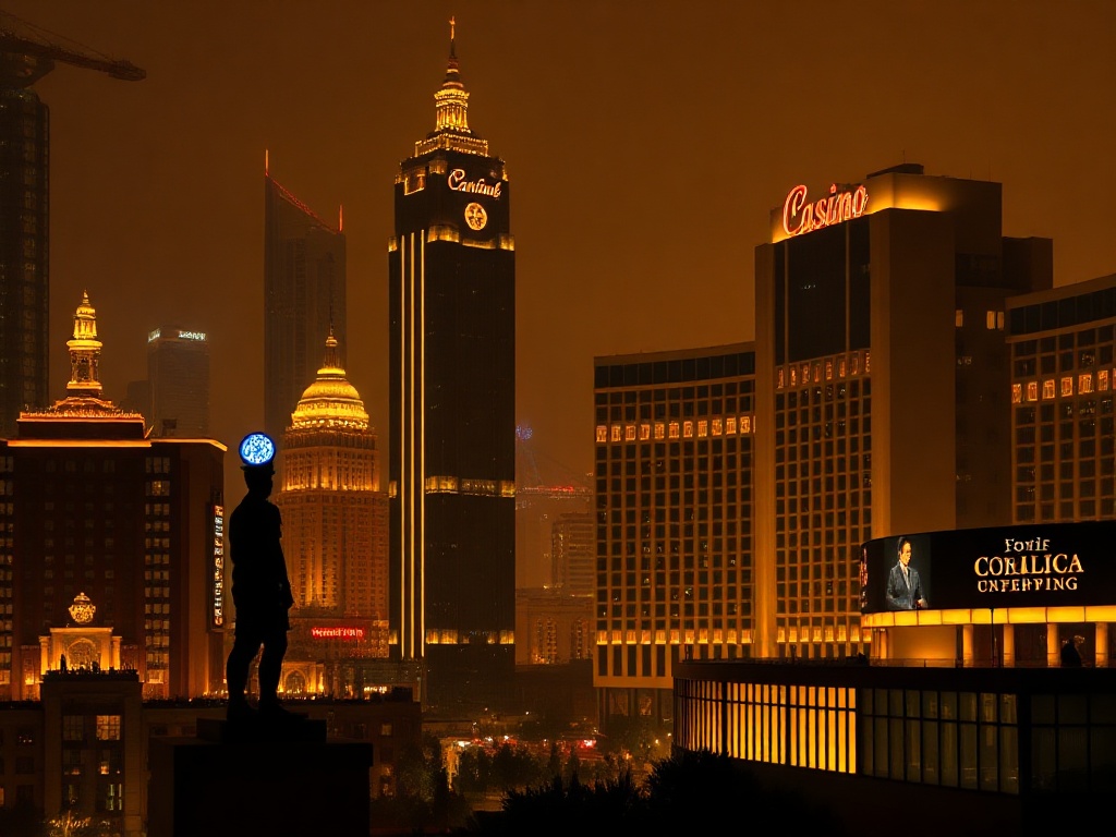 Luxurious dark-gold hotel casino hero scene, nighttime skyline with iconic silhouette, warm golden lights, velvet textures, cinematic lighting, elegant modern architecture, no people.