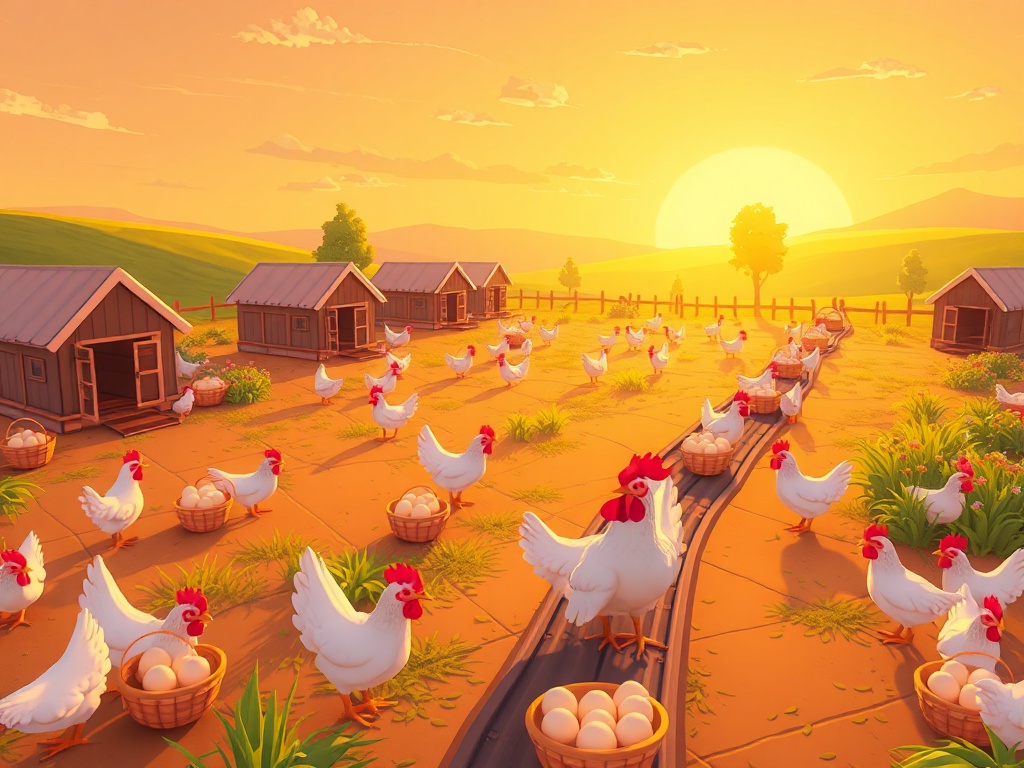 "A cheerful countryside chicken farm at sunrise, warm golden light, multiple coops and egg baskets, stylized hens, flowing conveyor-like paths, gentle growth vibe, cozy idle-game atmosphere." "No letters, no logos, clean UI-free scene, vibrant yet soft co
