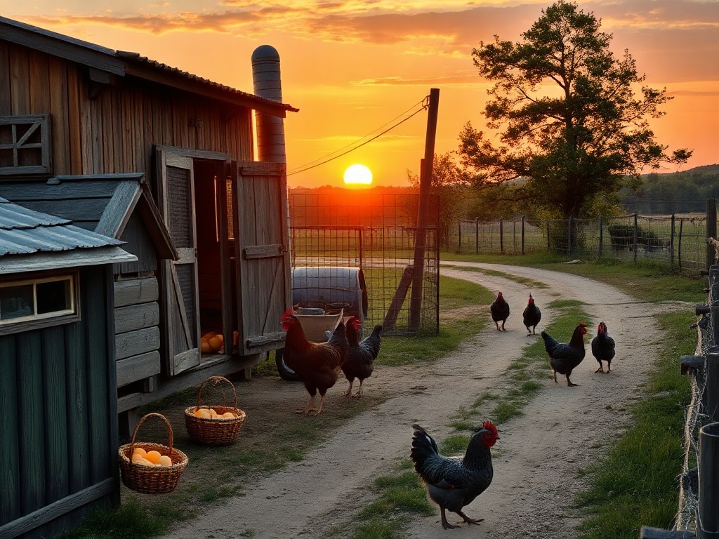 Cozy chicken farm at sunset, cheerful idle vibe, wooden coops, glowing egg baskets, chickens roaming, winding dirt road, subtle icons-style motion, warm lighting. "
