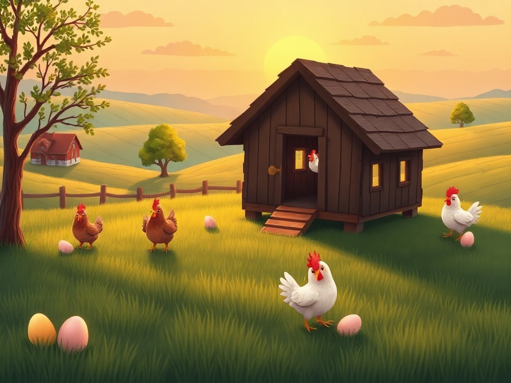 Whimsical chicken farm idle game header scene with rolling fields, cozy wooden coop, glowing eggs, busy hens, soft sunrise light, wide composition.