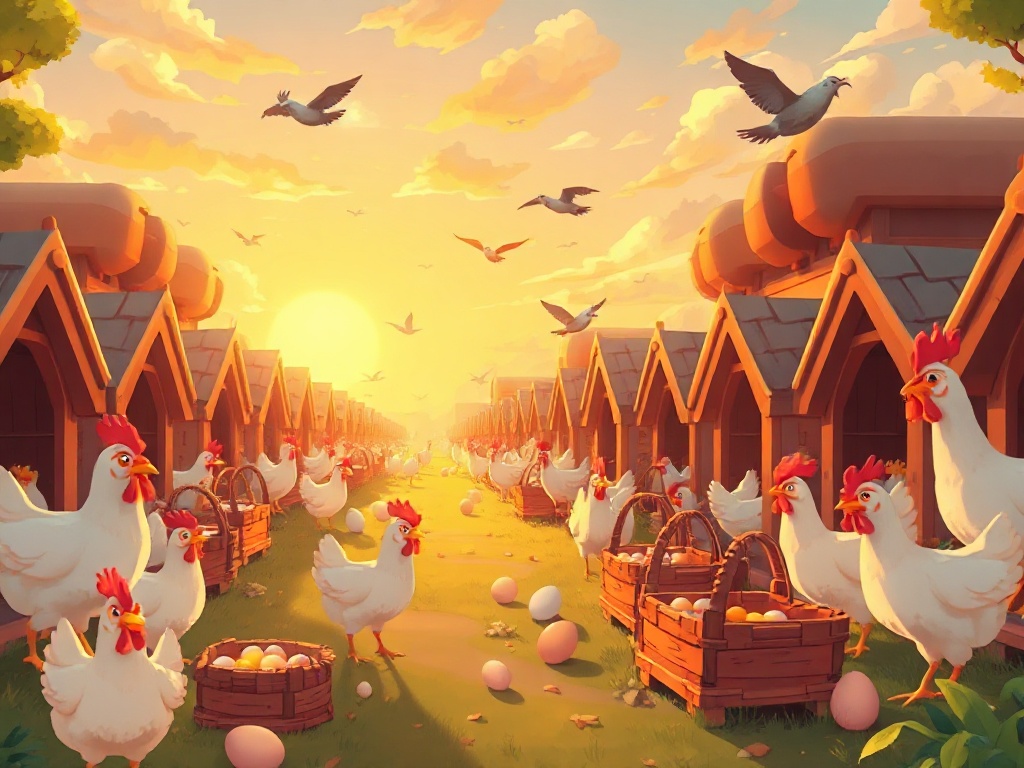A cozy cartoon chicken farm at sunrise, warm light, rows of coop roofs, cheerful chickens pecking, egg baskets, glowing upgrade orbs, gentle idle-progress vibe, wide scene