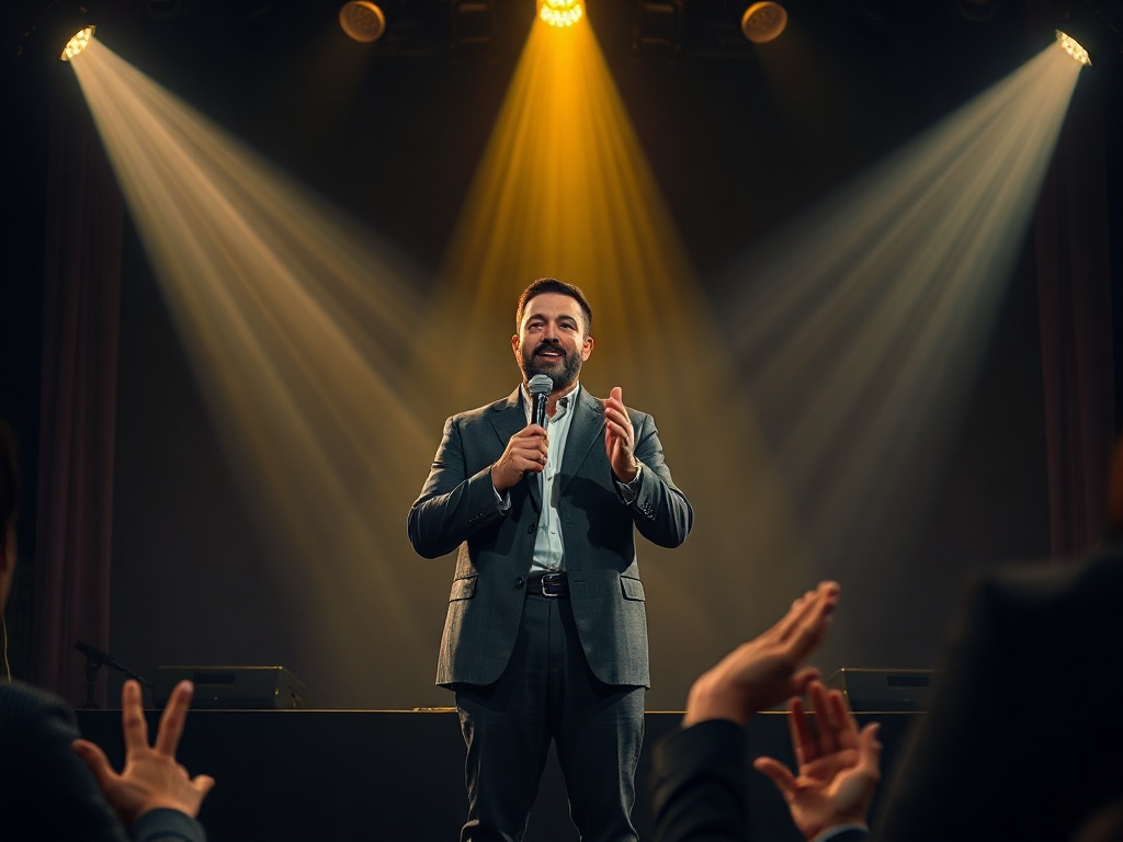 A three-panel composition showing a confident speaker on a stage, with rising light “impact”, rehearsal moments, feedback hands, and a heartfelt storytelling connection glow, dynamic composition" "You MUST not include ANY brand images or logos. You ma