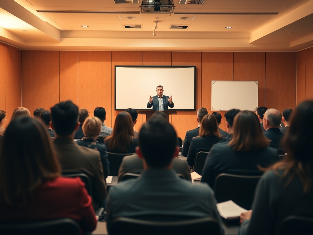 A warm training room with a confident presenter on a small stage, diverse attendees attentive, soft spotlight, expressive gestures, calm faces, blurred feedback notes.