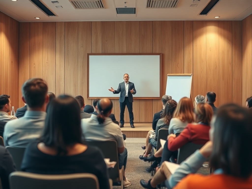A warm training room with a confident presenter on a small stage, diverse attendees attentive, soft spotlight, expressive gestures, calm faces, blurred feedback notes.