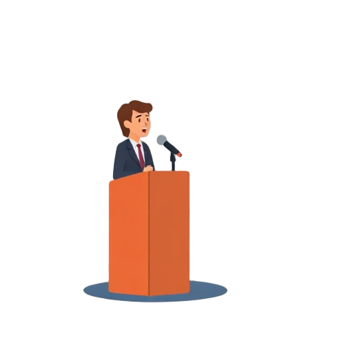 Carefully describe an image in great detail that needs to be generate, use quotes to split visual things. "impact speech" "coach feedback" "story connection"