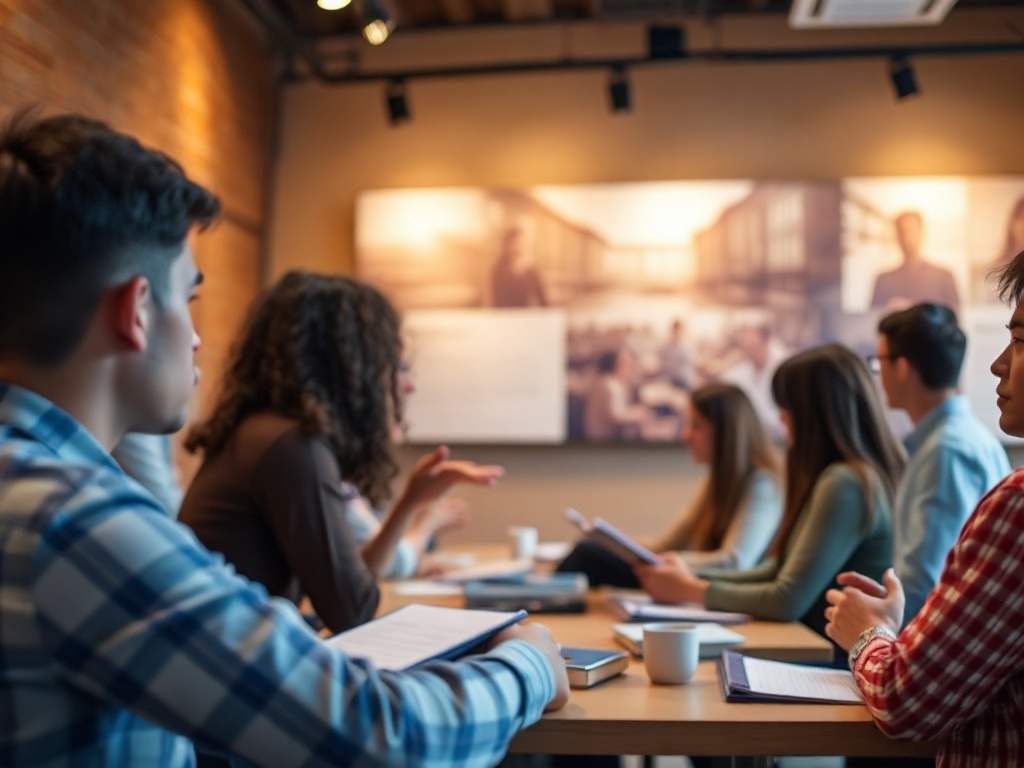 "A focused trainer in a small workshop guiding a diverse group with hands-on practice, warm spotlight on stage, calm confident atmosphere, notebooks closed, feedback gestures, storytelling visuals in background like blurred imagery, modern interior, shall