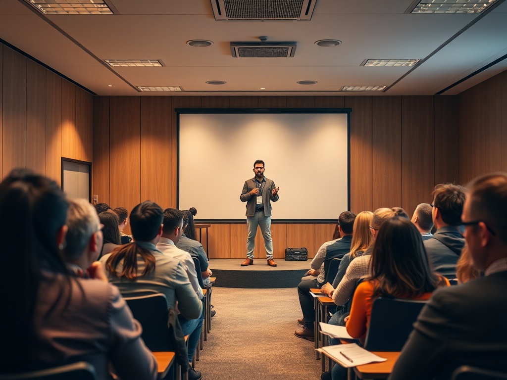 A warm training room with a confident presenter on a small stage, diverse attendees attentive, soft spotlight, expressive gestures, calm faces, blurred feedback notes.