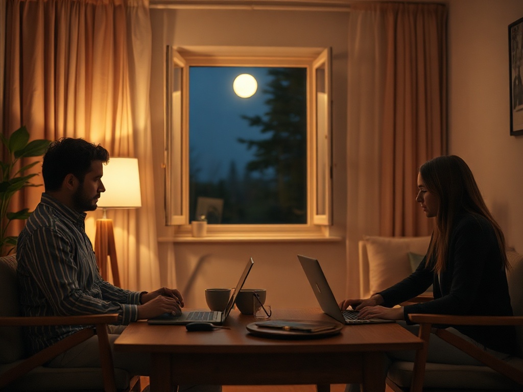 "Warm indoor coaching scene, three professionals at laptops, soft moonlit night window, calm sleep-study visuals, connected mind-and-breath iconography, serene atmosphere." "You MUST not include ANY brand images or logos. You may ONLY reply with the forma