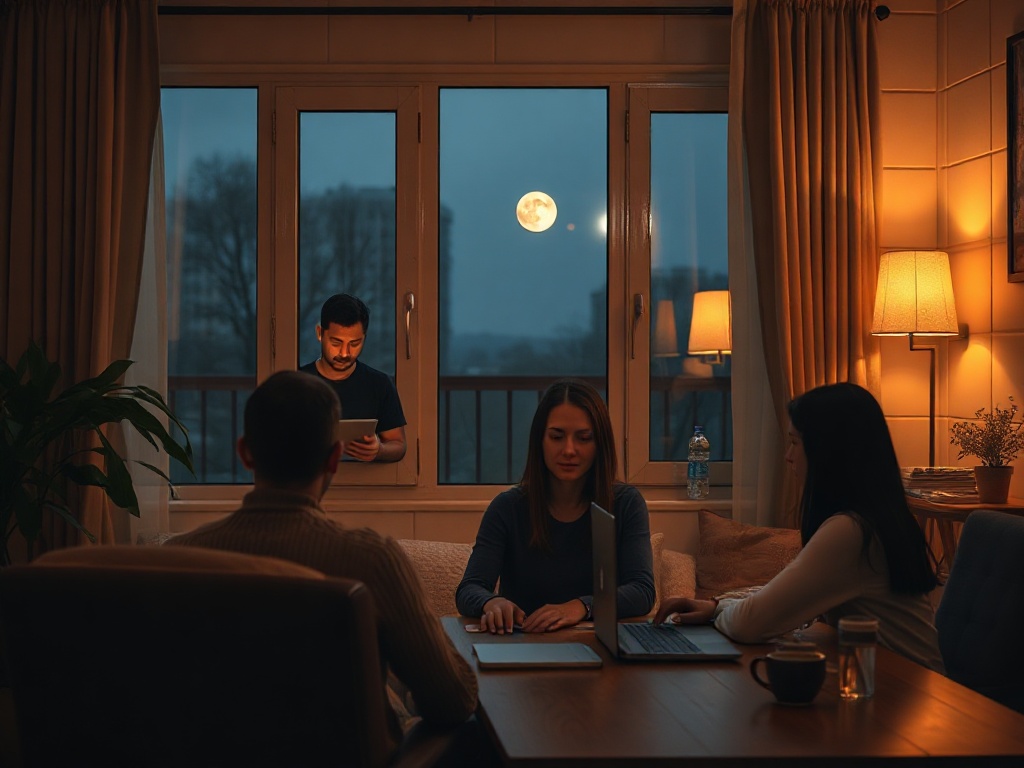 "Warm indoor coaching scene, three professionals at laptops, soft moonlit night window, calm sleep-study visuals, connected mind-and-breath iconography, serene atmosphere." "You MUST not include ANY brand images or logos. You may ONLY reply with the forma