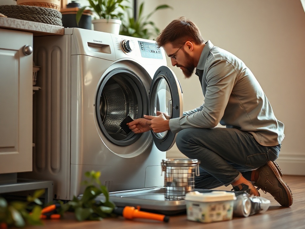 A skilled technician kneeling beside open front washing machine and dishwasher, focused repair tools, warm home lighting, subtle eco leaf glow, dynamic motion blur.