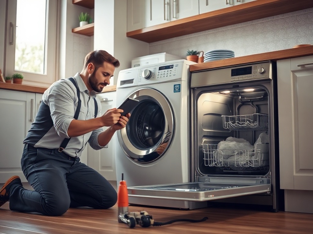 A realistic home repair scene showing a technician kneeling beside an open washing machine and dishwasher, diagnostic tools glowing, soft natural light, cozy modern kitchen, emphasis on trust and restoration