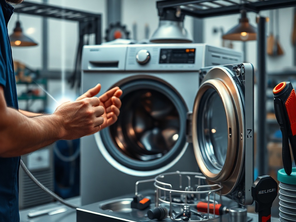 "Bright workshop scene with a mechanic hands holding a washing machine control panel and dishwasher door, open tools, diagnostic light beam, calm helpful mood, realistic."