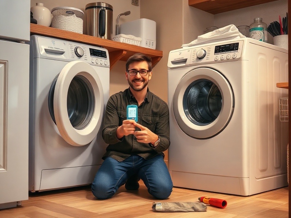 "Friendly technician in a home laundry area, kneeling by an open washing machine and dishwasher, holding diagnostics device, pointing at a detected fault, warm lighting, tools visible, realistic."