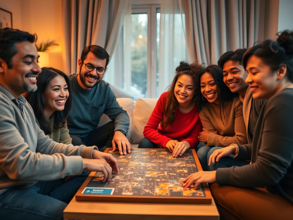 A cozy living room scene with diverse smiling people calmly solving a sleek puzzle board, warm lighting, subtle progress icons, relaxed focus."  
"You MUST not include ANY brand images or logos. You may ONLY reply with the format given. If you do NOT do s