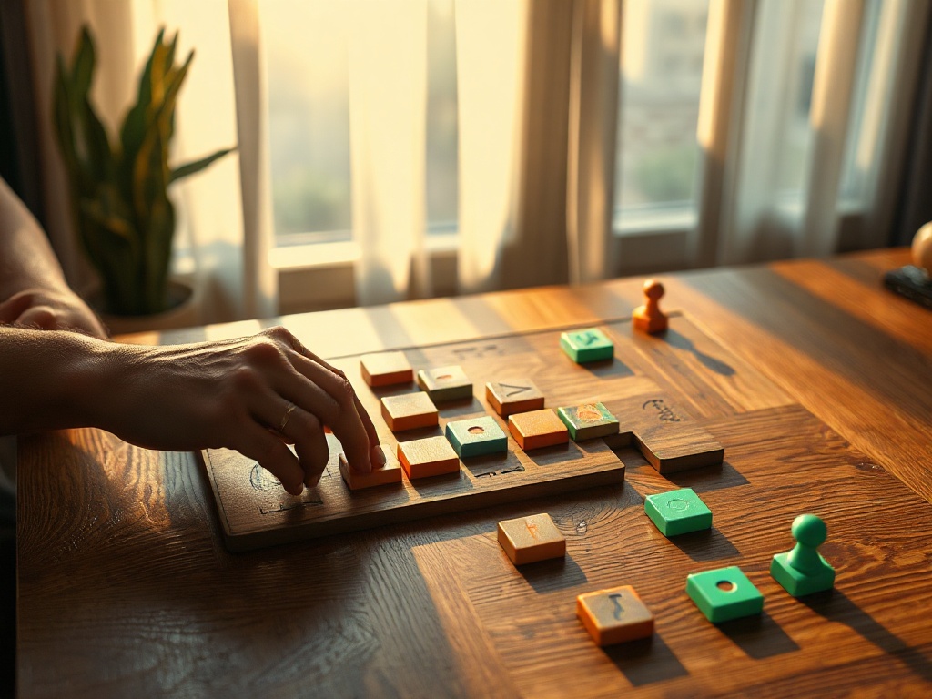 Create an image WITHOUT ANY text of:"Serene indoor scene with a diverse player hands arranging tactile logic tiles on a wooden board, soft sunrise lighting, subtle glowing puzzle paths suggesting growing skills." You MUST not include ANY brand images or l