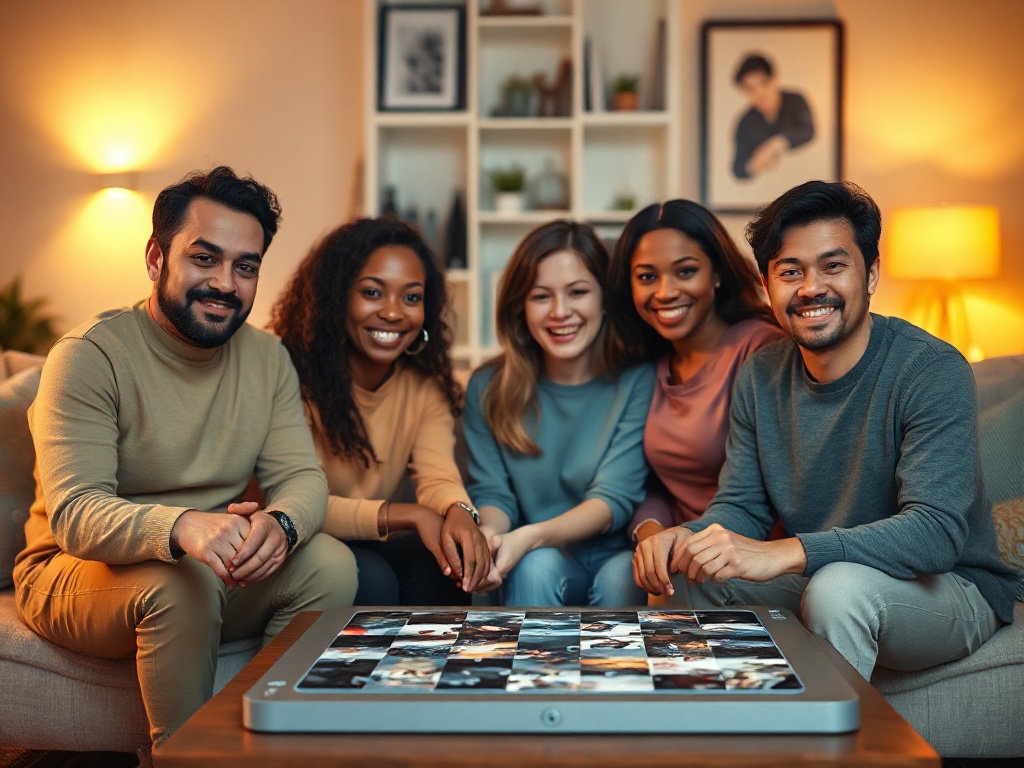A cozy living room scene with diverse smiling people calmly solving a sleek puzzle board, warm lighting, subtle progress icons, relaxed focus."  
"You MUST not include ANY brand images or logos. You may ONLY reply with the format given. If you do NOT do s
