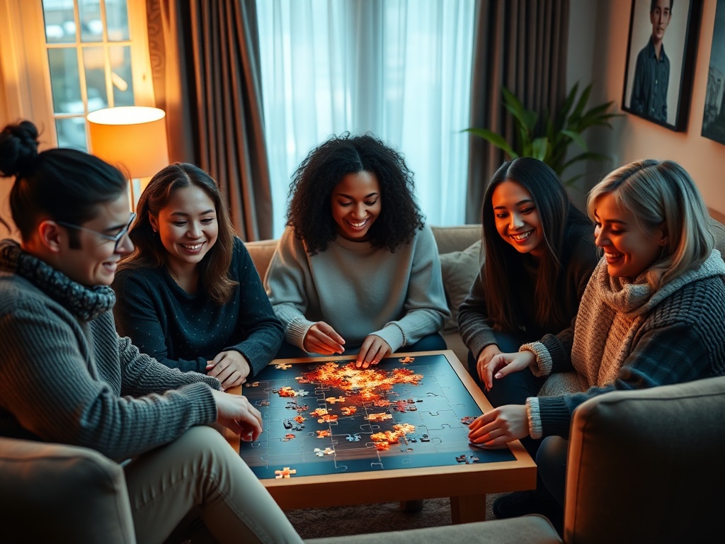 A cozy living room scene with diverse smiling people calmly solving a sleek puzzle board, warm lighting, subtle progress icons, relaxed focus."  
"You MUST not include ANY brand images or logos. You may ONLY reply with the format given. If you do NOT do s