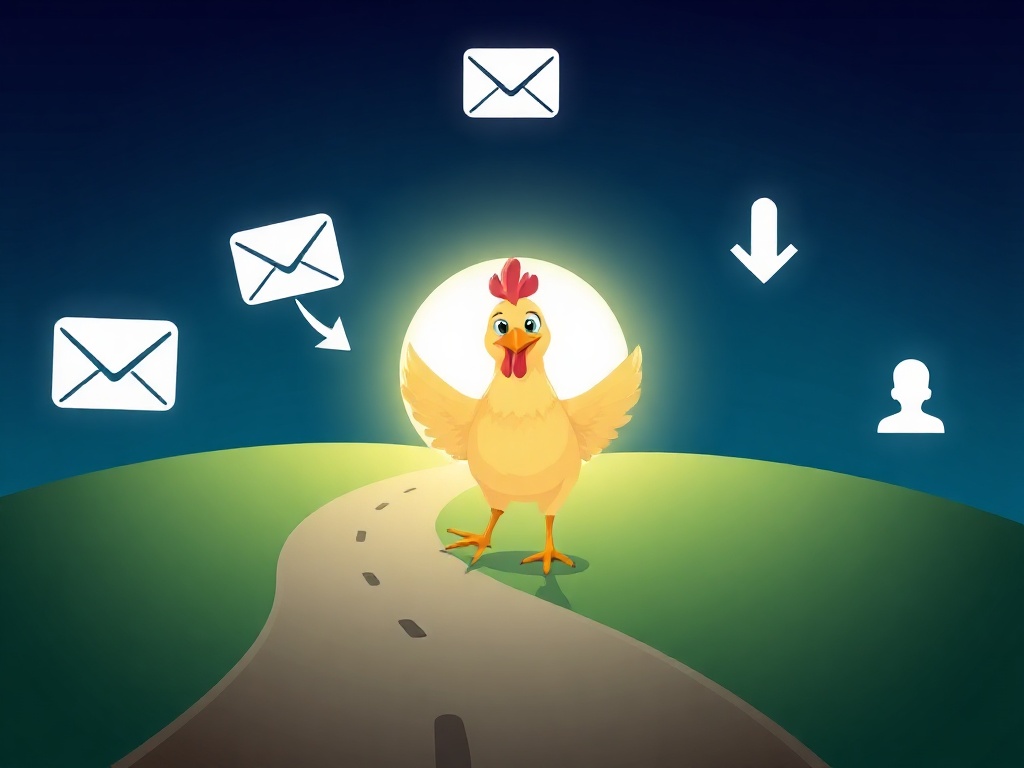 Cheerful chicken character on winding road toward glowing portal, email envelope icon, download arrow, three social icons as simple glyphs, bright playful colors, clean layout