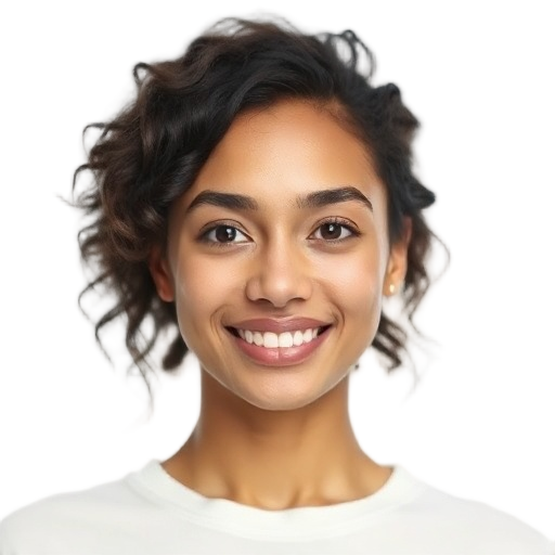 A person smiling to the camera with a white background looking like