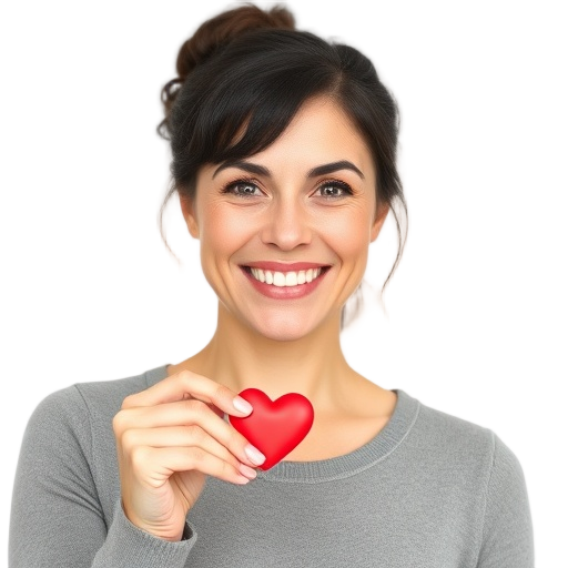 A smiling confident entrepreneurial mother with warm eyes, holding a small heart-shaped self-care token, “Mama Kracht” feeling, white background.