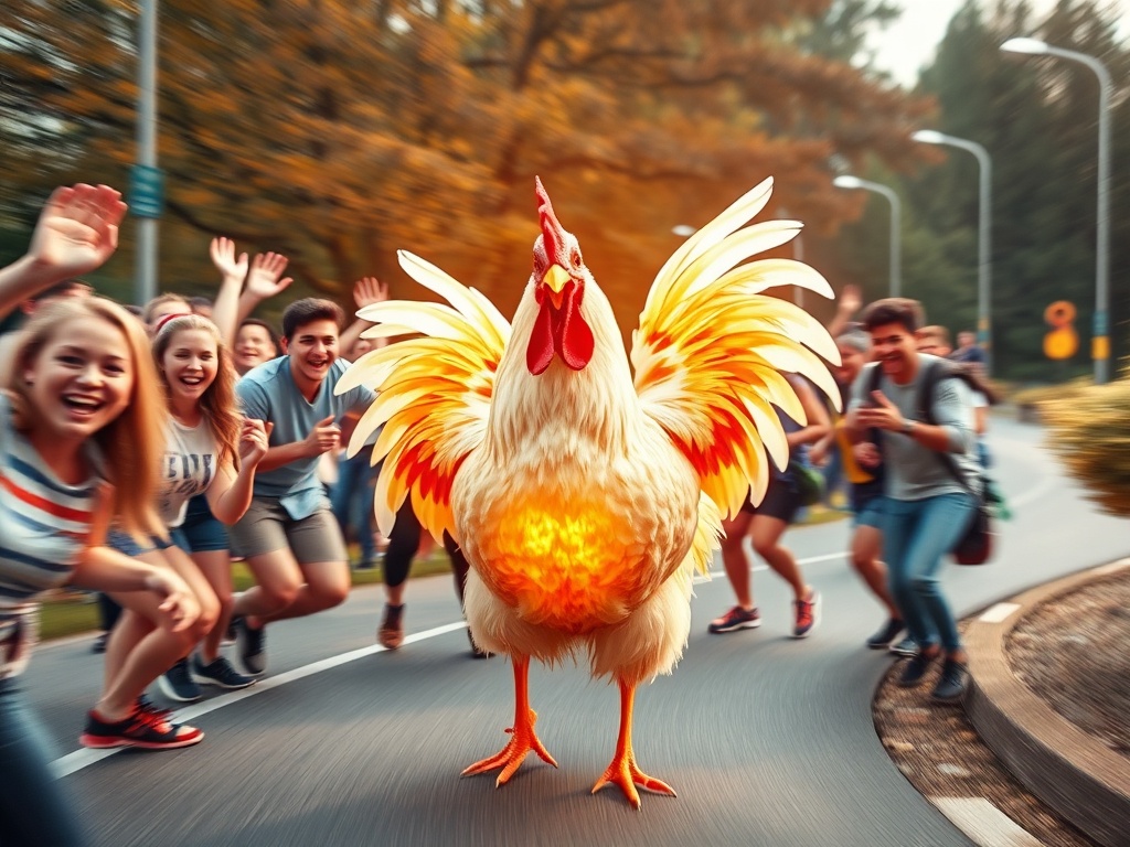 Bright playful game scene in Germany, smiling players cheering around a glowing chicken on a curved road, dynamic action blur, joyful energy.