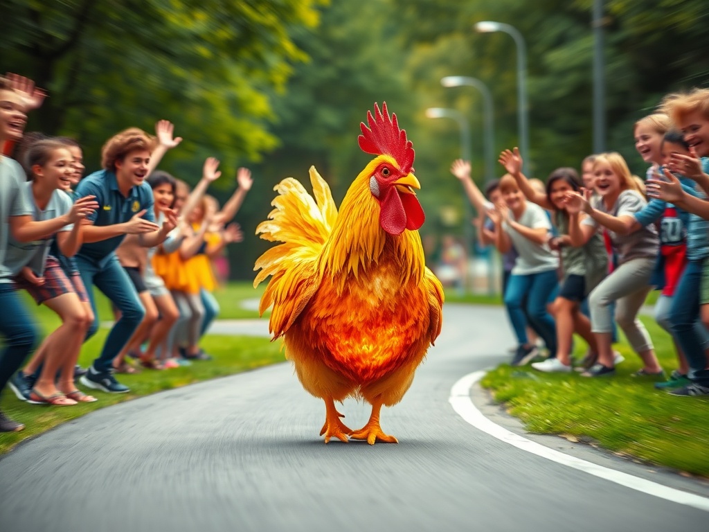 Bright playful game scene in Germany, smiling players cheering around a glowing chicken on a curved road, dynamic action blur, joyful energy.