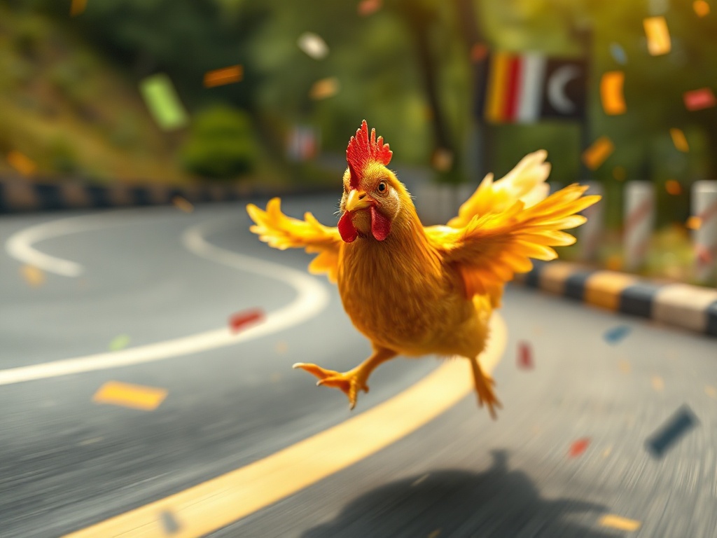 "cheerful yellow chicken sprinting on winding road, motion blur, bright confetti, subtle German flag colors in background bokeh, desktop newsletter hero, dynamic lighting" "spectator UI cards without letters"