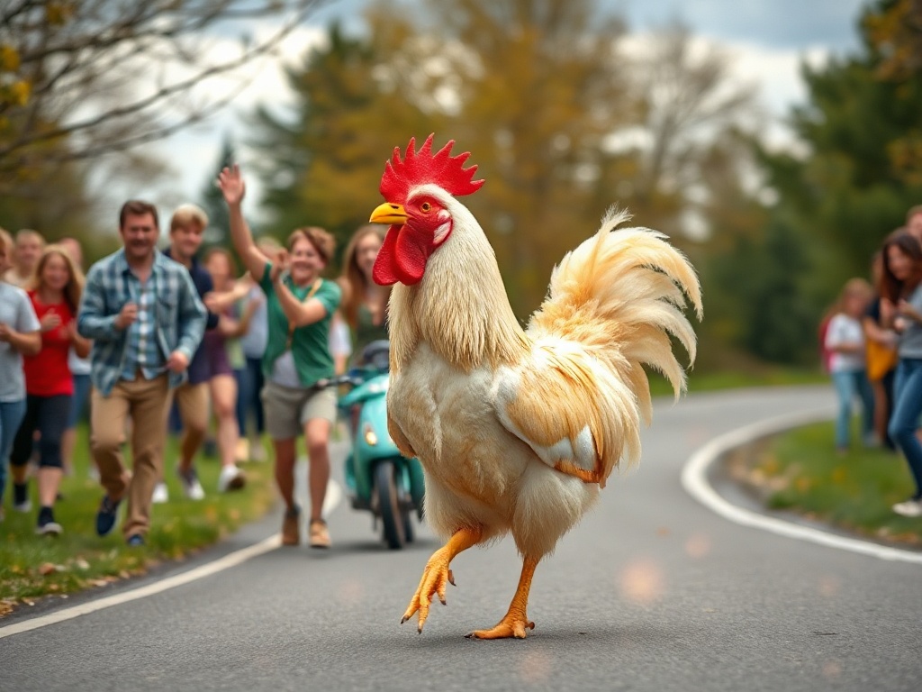 Bright playful game scene in Germany, smiling players cheering around a glowing chicken on a curved road, dynamic action blur, joyful energy.