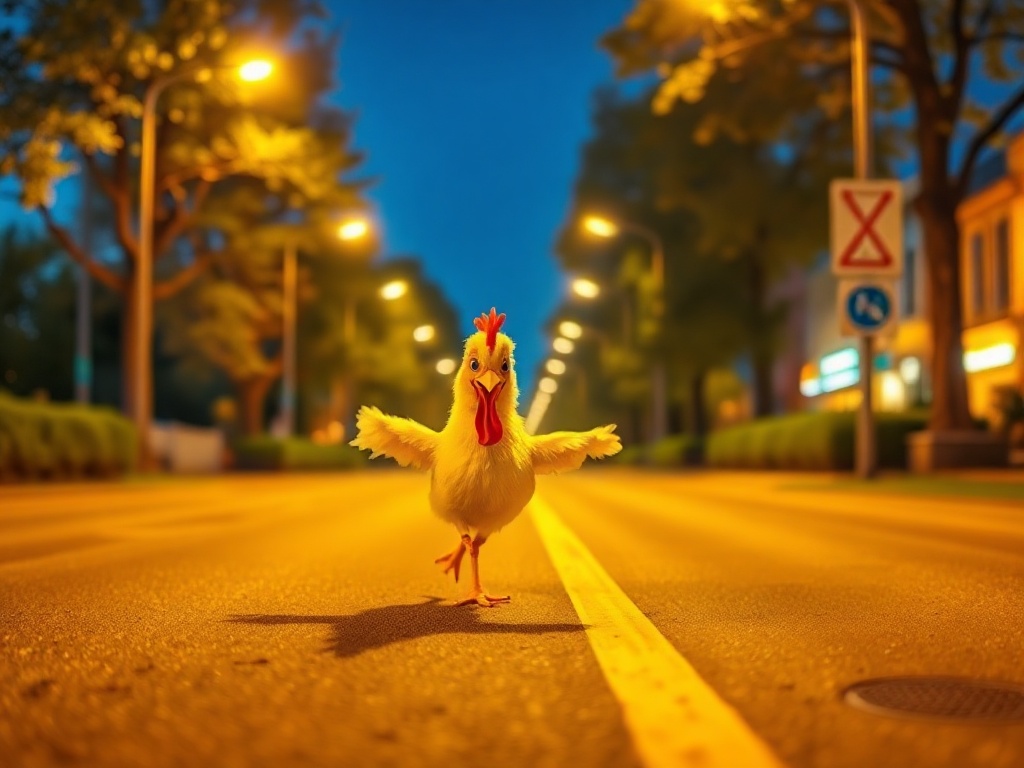 Bright desktop scene, playful yellow road with a cheerful chicken runner, lively icons as motion trails, split-second challenges, welcoming casual energy, Germany streetlights.
