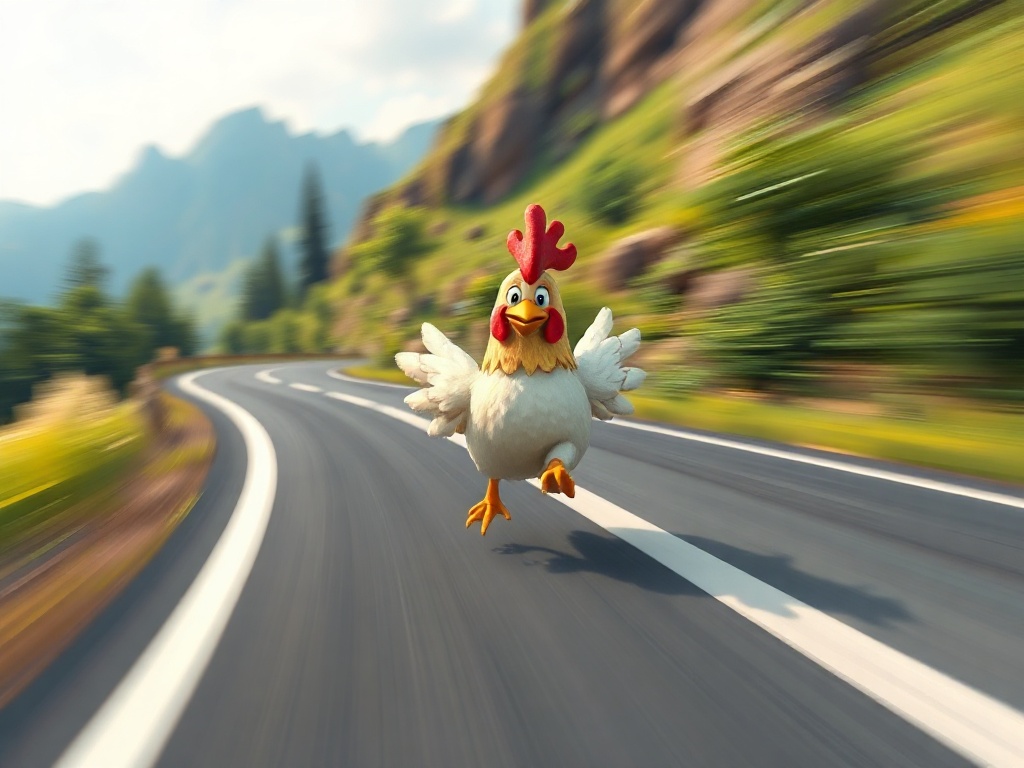 "A cheerful pixel-art chicken runner on a winding road, dynamic motion blur, glowing checkpoints, split-second obstacles, German landscape hints, mobile-friendly framing, vibrant colors"