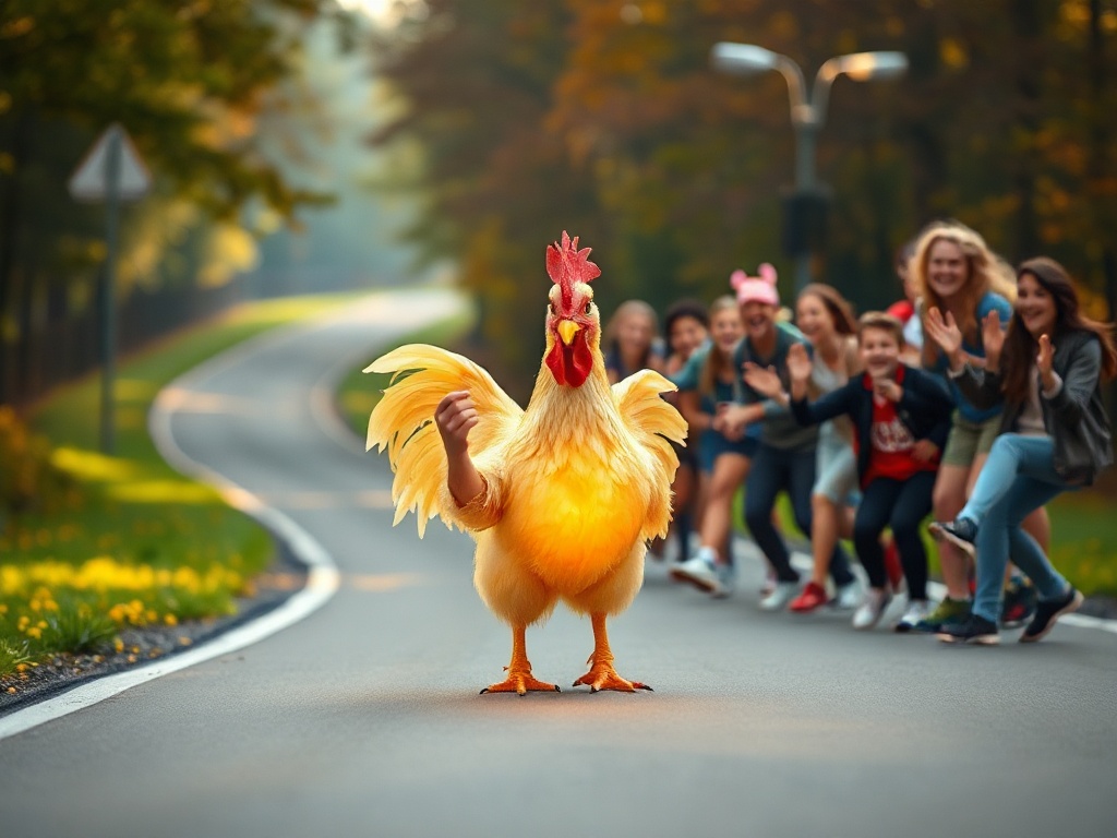 Bright playful game scene in Germany, smiling players cheering around a glowing chicken on a curved road, dynamic action blur, joyful energy.