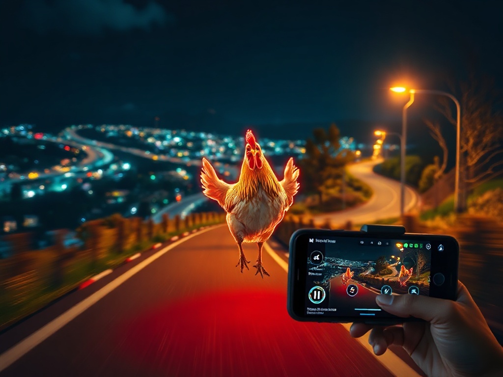 Neon-lit chicken running along a winding road at night, Germany-inspired city lights, motion blur, joyful energy, smartphone in foreground. dynamic gameplay vibe, no logos.